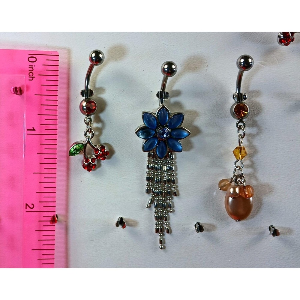 Vintage 90s Belly Button Rings 316L Surgical Steel 14G Cherry Flower CZ 7pc Set - Picture 4 of 17